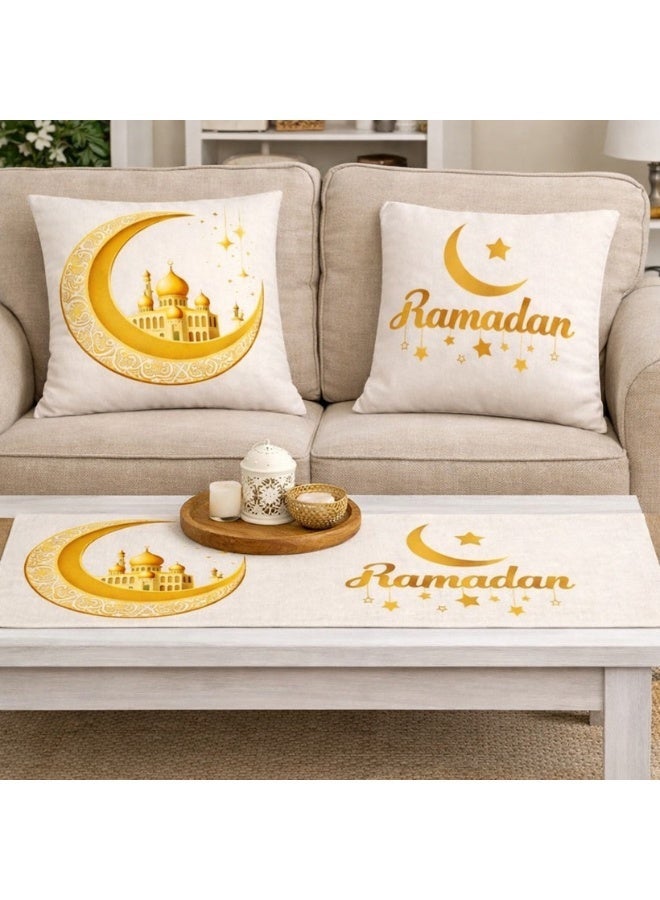 سنوز طقم رمضان تصميم هلال 3 قطع ( رانر سفره , 45*90 سم + 2 كوشن مقاس 40*40 سم ) - Image 2